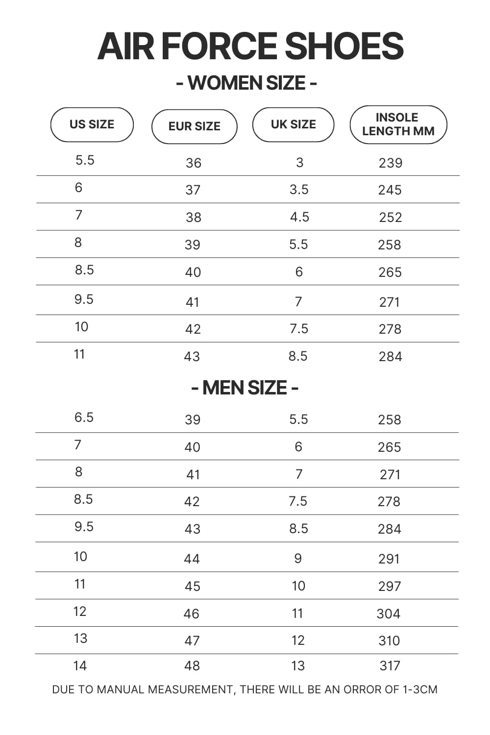 Air Force Shoes Size Chart - Seven Deadly Sins Store
