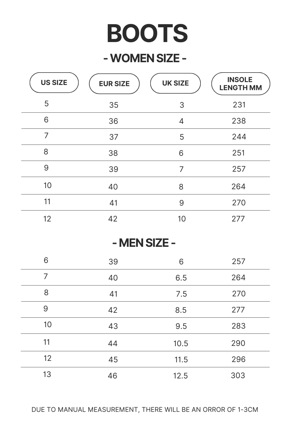 Boots Size Chart - Seven Deadly Sins Store