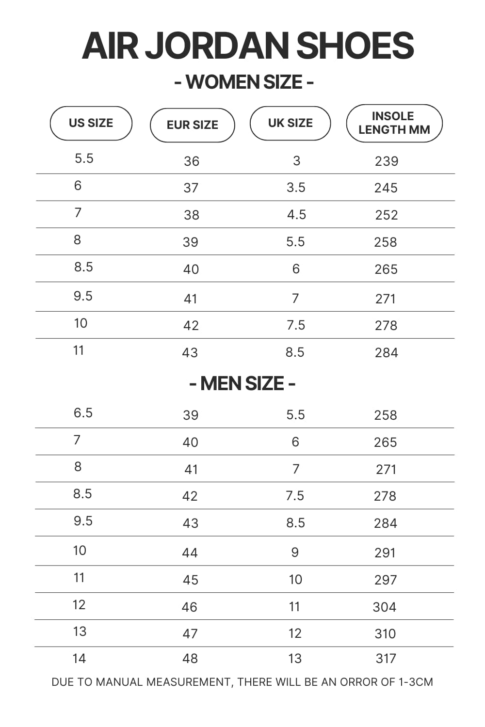 Air Jordan Shoes Size Chart - Seven Deadly Sins Store