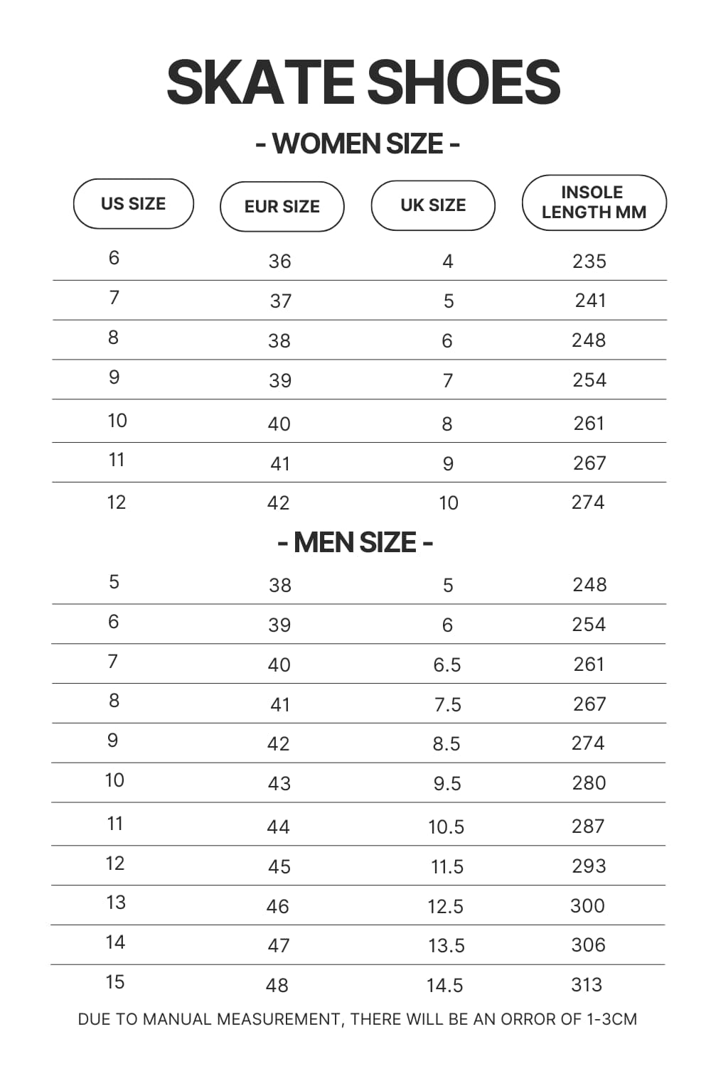 Skate Shoes Size Chart - Seven Deadly Sins Store