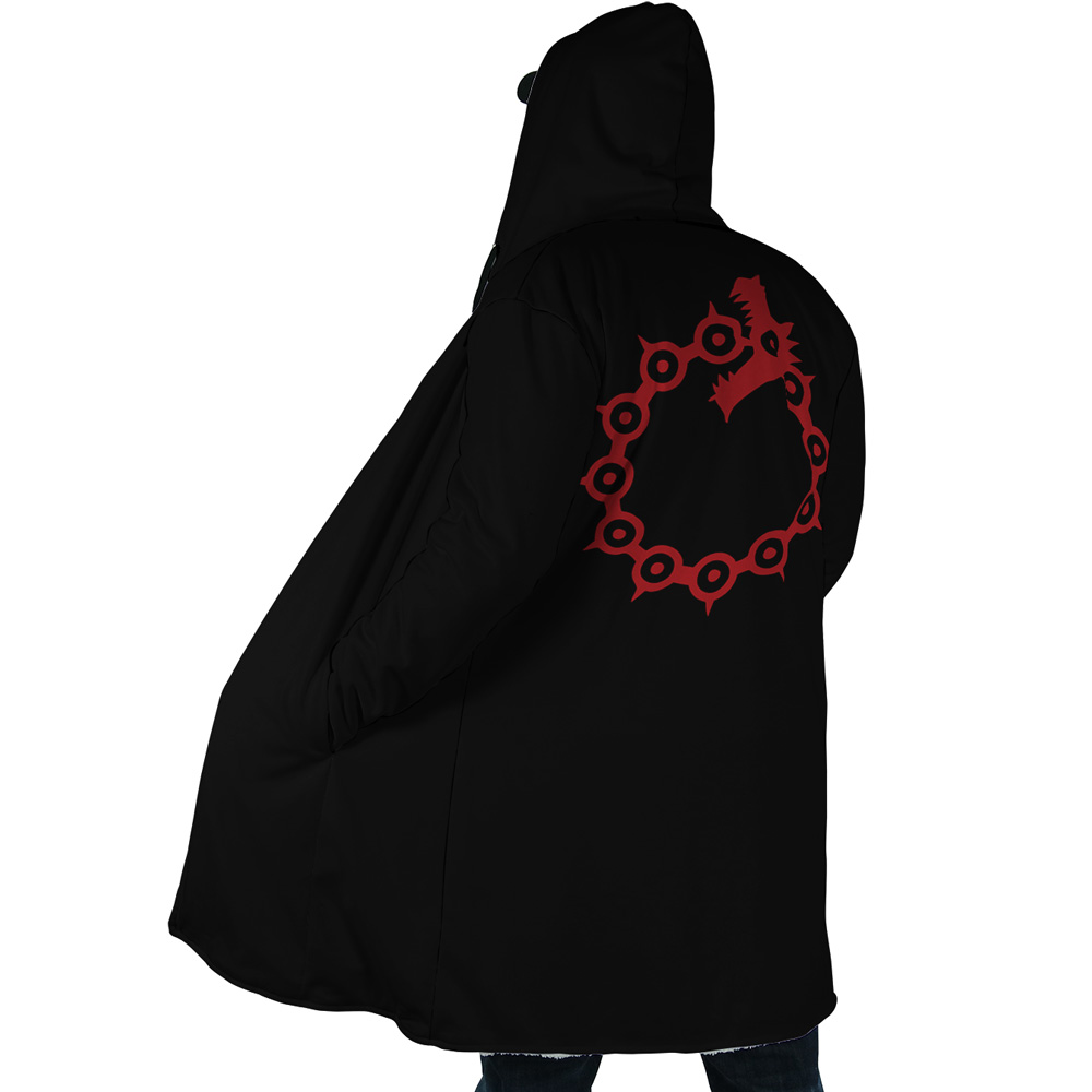 Meliodas Dragon Wrath Seven Deadly Sins AOP Hooded Cloak Coat SIDE Mockup - Seven Deadly Sins Store